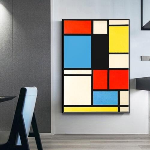 Piet Cornelies Mondrian Famous Wall Art Abstract Geometric Line Red Blue Yellow Composition Canvas Painting Posters and Prints