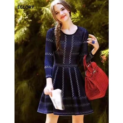 High Quality Blue Red Sweater Dress 2020 Autumn Winter Knitted Dress Women Polka Dot Patterns 3/4 Sleeve Casual Pullover Dress