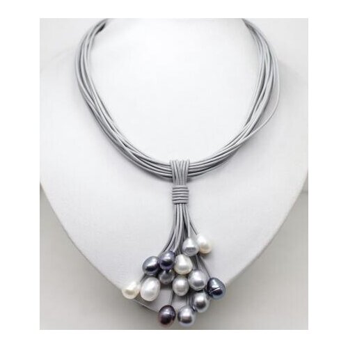 10-12mm Real White Black Gray Freshwater Pearl Pendant Necklace Leather Cord Magnet Clasp Fashion Jewelry