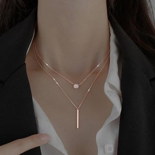 Silver Circle Inlaid Zircon Simple Double -Layer Necklace Square Bars Pendant For Women Clavicle Chain Fine Jewelry Student Gift
