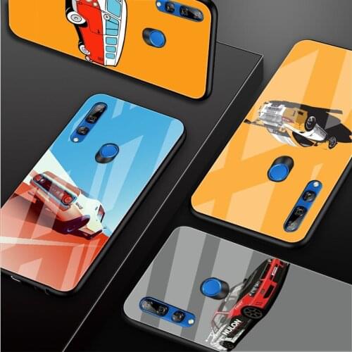 Retro Cartoon Car Tempered Glass Phone Case For Huawei honor 8X 9 10i 20i 20Lite 20Pro 30 Pro Cover Shell