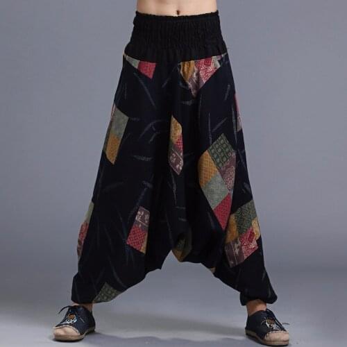 Comfortable India Nepal Loose Fit Linen Pants Casual Baggy Cotton Linen Trousers Men Floral Pattern Pants Elastic Waist