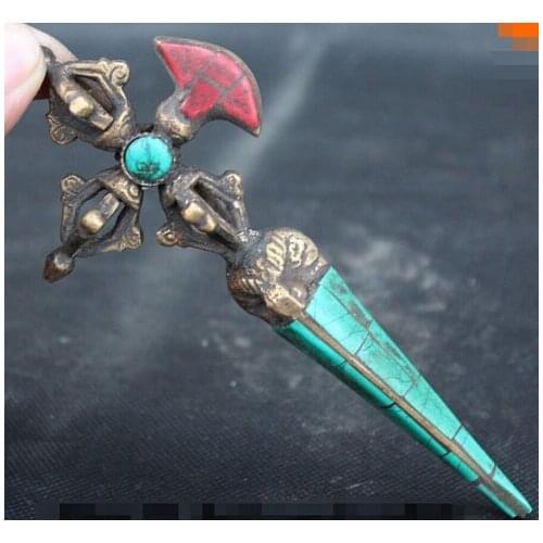 WBY++++ free shipping 6 " Tibet Turquoise Bronze Gilt Protection God Phurba Dagger Holder