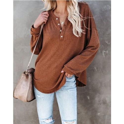 T-shirt Womens Autumn Loose Long Sleeve V-neck Button Up Pullover Solid Open Collar Tops Casual Batwing Sleeve Ladies T-shirts