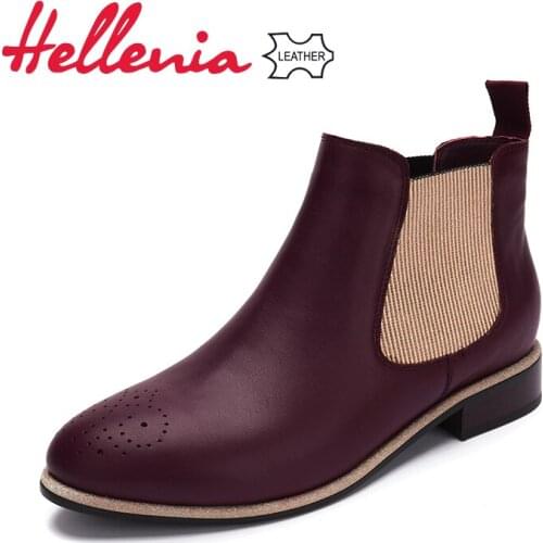 Hellenia Newest Real Cow leather Martin Boots Woman Pointed 2018Spring Autumn Ankle Boots high Quality Ladies Shoes Leather boot