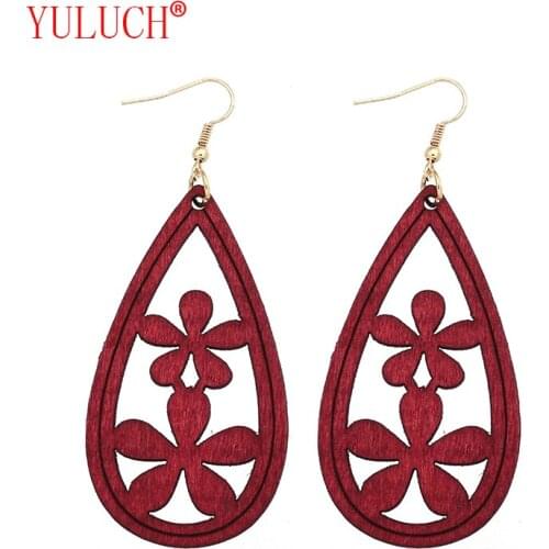 YULUCH Ethnic African Natural Wooden Drops Hollow Two Flower Pendants for Fashion Women Earrings Accessories Jewelry Gifts