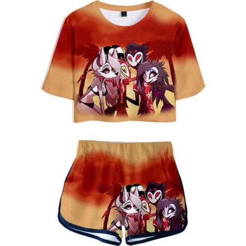 Anime Helluva Boss Women Two Piece Set Helluva Boss Short Sleeve Crop Top+Shorts Girls Harajuku Streetwear Anime Womens Sets