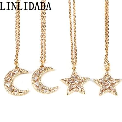 10Pcs Womens Crescent Moon Pendant Necklace Gold Color Cubic Zirconia CZ Moon Star Jewelry