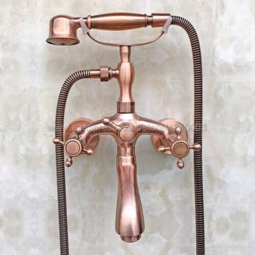 Antique Red Copper Wall Mounted Bathroom Shower Faucet Telephone Bath Faucets with Hand Shower Tap Ktf801