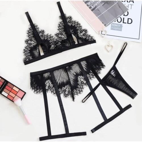 Black Harness Underwear See-though 3 Piece Bra & Panty Set Sexy Lace Womens Sleepwear Sets Garter Belts V-neck Lingerie Porno