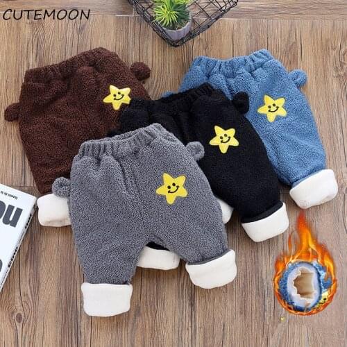 Winter Baby Children Pants Toddler Boys Girls Teddy Cashmere Star Pattern Trousers Three-layer Thickening Cartoon Pants Clothes