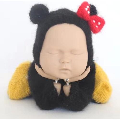 Newborn Mohair Bonnet Soft Baby Girl Romper Set Crochet Newborn Mouse Overalls Vintage Animal Bodysuit Photography Prop Suit