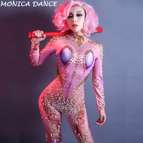 Women Sexy Stage Pink Jumpsuit Rhinestone Pearl Stage Wear for Dancer Singer Dance Costumes Nightclub Party Performance Costumes