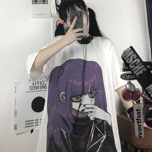 Japanese cartoon print short-sleeved round neck T-shirt mid-length top loose wild summer dark funeral T-shirt