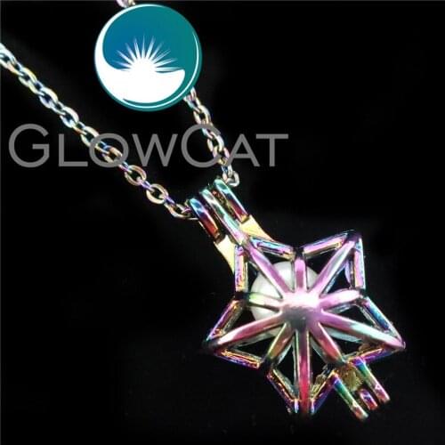 GLOWCAT R-C293 Rainbow Colors Cute Star Beads Cage Pendant Perfume Diffuser Stone Pearl Cage Locket Necklace