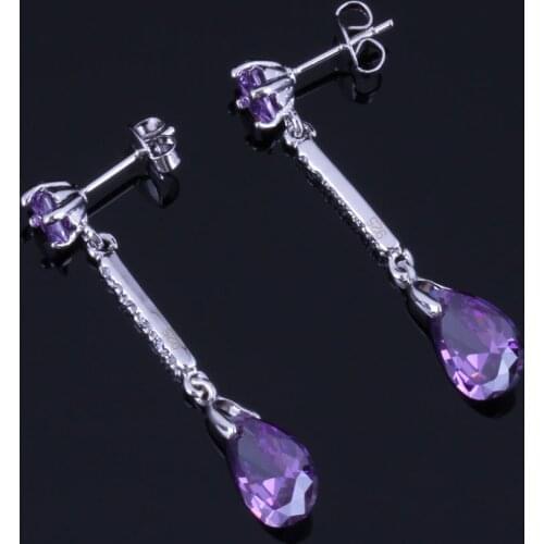 Perfect Water Drop Purple Cubic Zirconia White CZ Silver Plated Drop Dangle Earrings V1027