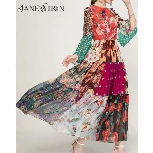 Janeyiren Fashion Designer dress Summer Womens Dress Long sleeve Floral Print Chiffon Bohemia Vacation Dresses