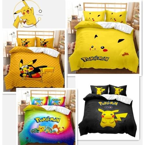 3 pieces Pokemon Bikachu series Three-piece bedding set Children cartoon animation childrens room decoration home textile set