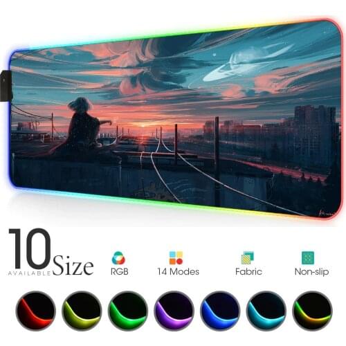 Anime gril RGB Mouse Pad Black city landscape Gamer Accessories Large LED MousePad Gaming Desk Mat PC Desk Play Mat with Backlit