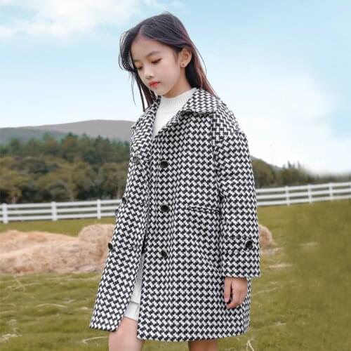 Houndstooth Lapel Jacket Winter Spring Coat Outerwear Top Children Clothes School Kids Costume Teenage Girl Clothing Woolen Clot