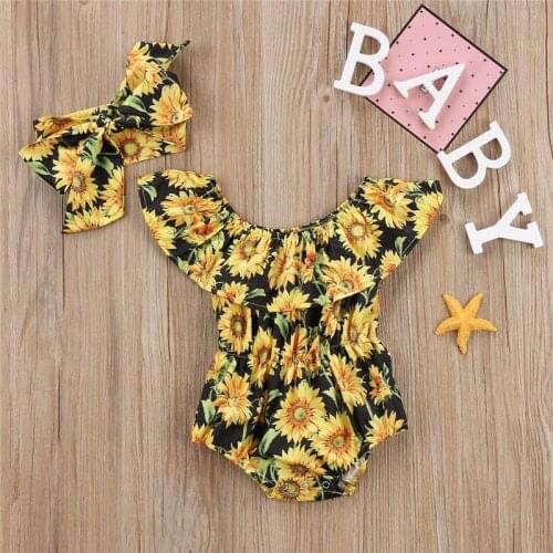 HOT Sale Girl Clothes Cotton Newborn Baby Girls Floral Romper Jumpsuit Headband Outfits Set Clothes