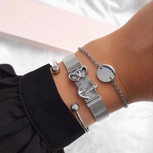 Mavis Hare Silver Color Stainless Steel Heart & Anchor Slide Charm Mesh Bracelet Set with Crystal Cuff Bangle/Circle bracelet