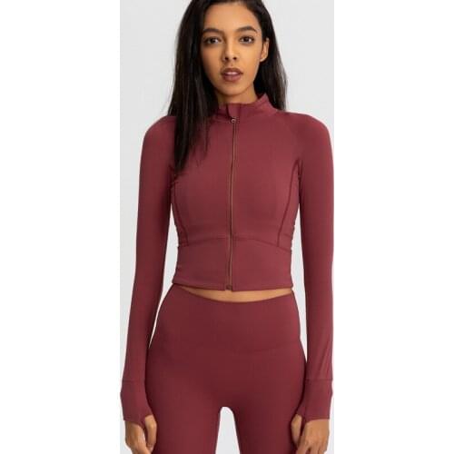 Nylon Slim Fits Close To The Body Running Jacket Women Thumbholes Cuffins Fabric Quick-dry Gym Fitness Coat Yoga Top