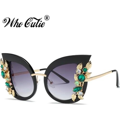 WHO CUTIE 2018 Oversized Cat Eye Sunglasses Women Retro Vintage Rhinestone Diamond Metal Frame 80S Cateye Sun Glasses Shades 555