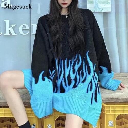 Loose Mens Sweater Hip-hop Style Flame Jacquard Womens Sweater 2021 New Sweater Female Traf Couple Pullover Knit Top 17158