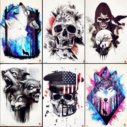 Black Skull Temporary Tattoo Men Back Stickers Ghost Women Body Chest Water Transer Tatoos Girl Beach Sexy Disposable Tattoo Art