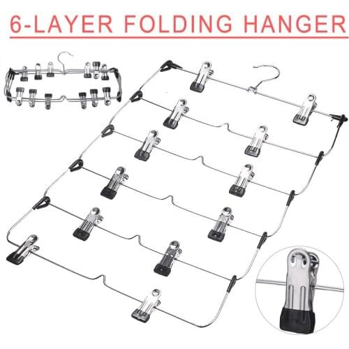 Stainless Steel Clothing Hangers 6 Layer Space Saving Clothes Trouser Hanger Wardrobe Organizer With 12 Clips