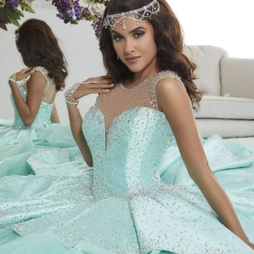 High quality beaded keyhole back Tiffany blue long illusion scoop tulle debutante sweet 16 quinceanera dresses ball gowns