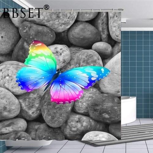 Butterfly Shower Curtain Colorful Butterfly Resting on The Rock Pattern Waterproof Multi-size Douchegordijn Bathroom Decor