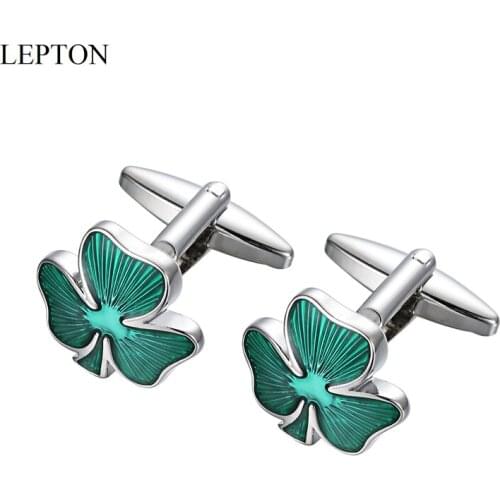 LEPTON Green Clover Cufflinks For Wedding Mens Fashion Irish Ireland Shamrock Cuff Links Dress Shirt Cufflink Business Gifts