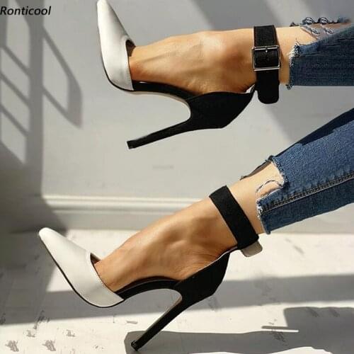 Ronticool New Arrival Handmade Women Summer Pumps Ankle Strap Stiletto Heel Pointed Toe Elegant Black Shoes US Plus Size 5-15