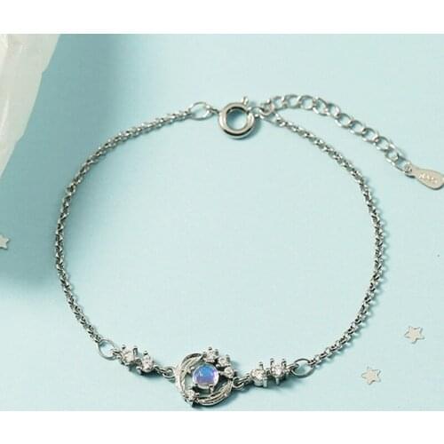 925 Sterling Silver Moonstone Feather Charm Bracelet &Bangle For Women Wedding Party Fashion Jewelry SL099