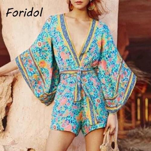 Foridol Casual Loose Wide Leg Rompers Women Summer Floral Print Boho Playsuit Overalls V Neck Sash Blue Short Jumpsuit 2021