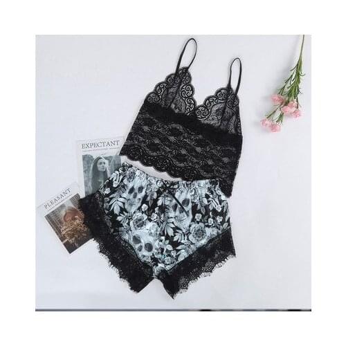 Womens 2 Piece Lingerie Set, Floral Lace Spaghetti Strap Crop Cami Tops + Shorts Set Pajamas Sleepwear