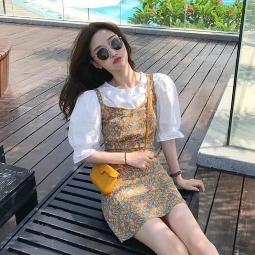 Summer Midi Dress 2021 New Small Fresh Floral Slim Sundresses Women Casual Tops Skirt Suit Fashion Bodycon Dresses 2 Piece Set