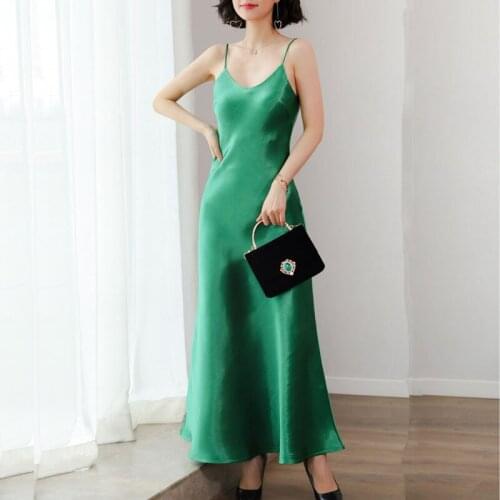 HStar 2020 Women Satin Camisole Long Dress lady Faux Silk Spaghetti Strap Thin Dress female V-neck Casual vestidos