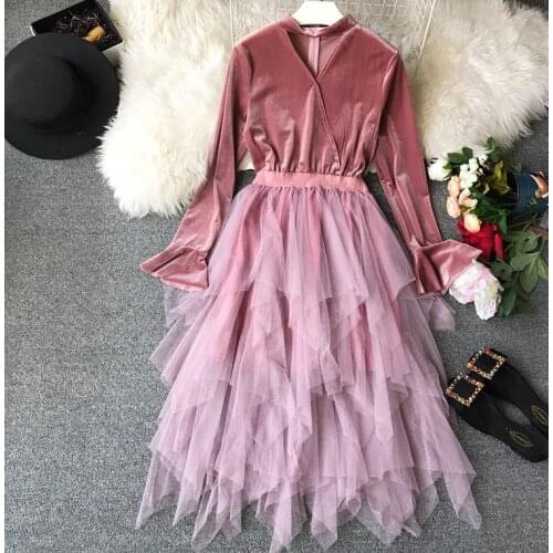 2020 New Fashion V-neck Flared Sleeve Bottoming Dress Autumn for Female Slim Long Retro Winter Mesh Women Dress vestidos mujer