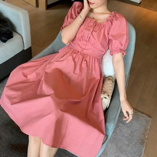 Preppy Style Square Collar Dress Women Fashion Tide Knee Length High Waist A Line Ruffles Short Puff Sleeve Dresses Daily Wear