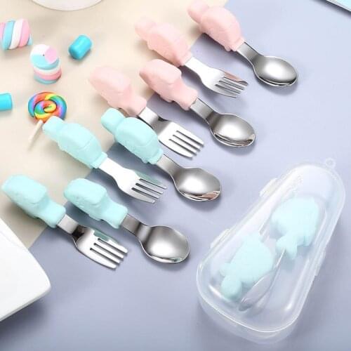 2PCS 316 Stainless Steel Children Silica Gel Short Stalk Fork Spoon Suit Cartoon Spoon Baby Learns To Eat Training Tableware Set