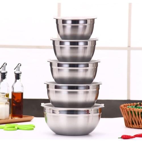 5 Pcs 20/22/24/26/28 Cm Silicone Cover Stainless Steel Circular Solid Egg Salad Bowl with Lid for Baking Soup Kitchen Set
