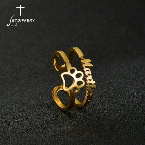 Letdiffery Personlizd Double Layer Dog Paw Name Rings Stainless Steel Adjustable Women Jewelry Unique Birthday Gifts