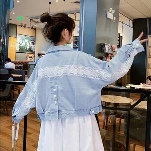 Elegant White Lace Light Blue Women Boyfriend Denim Jacket Streetwear Harajuku Jeans Coat Casual Vintage Lace Big Pockets Jacket