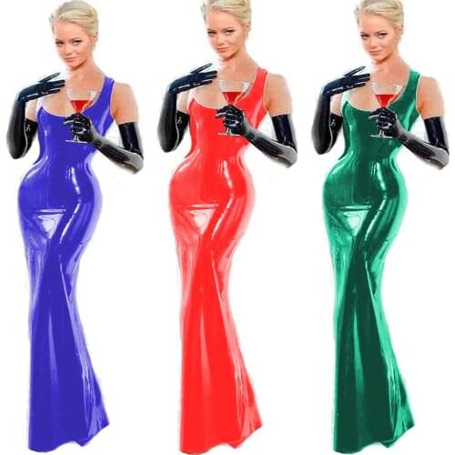 Elegant Fashion Evening PVC Dress Sexy Simple Sleeveless Fishtail Dress Gown Reflective Material Fishtail Shape Party Maxi Dress