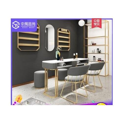 Nordic Instagram style minimalist double marble manicure table and chair set for two gold wrought iron nail table manicure stand
