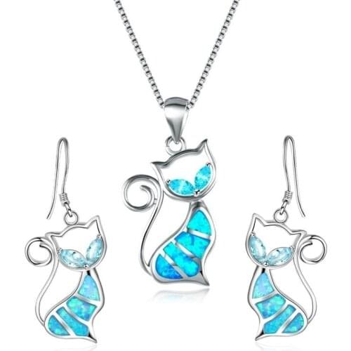 Fashion cute fox Pendant Necklace Women Necklace Earrings jewelry set Trendy Animal Fire Opal Ear Stud Earring for girl gift