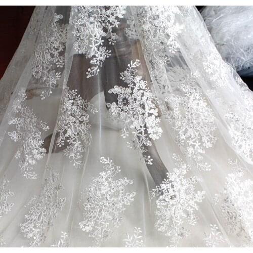 New!2 Meters Embroidered Wedding Lace Fabric with Cording Bridal Gown Lace 2016 High End Fine Workmanship Tulle Sequin Lace Mesh